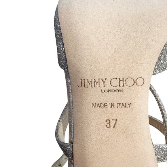Jimmy Choo NWOB Esme 85 Platinum Ice Dusty Glitter Champagne Strappy Sandals 37 - Picture 10 of 11